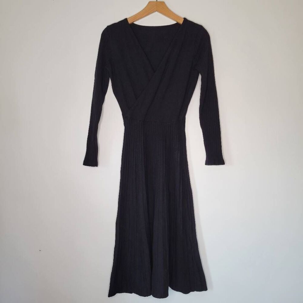 Black Rib Knit Long Sleeve Midi Sweater Dress Size L